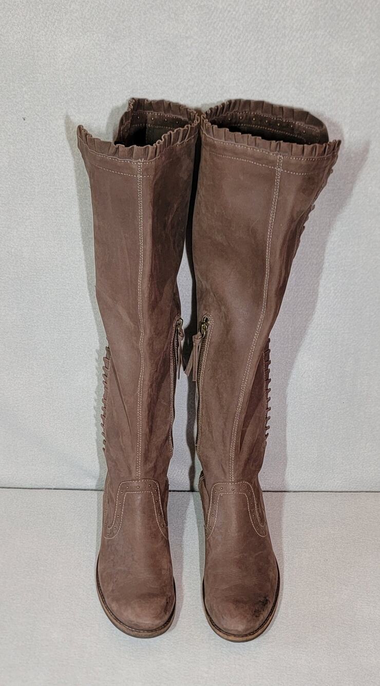 Derek Brown Leather Ruffled Top Knee High Tall Riding Boots Size 39